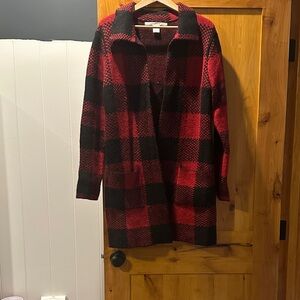 Max Studio Red and Black Plaid Cardigan